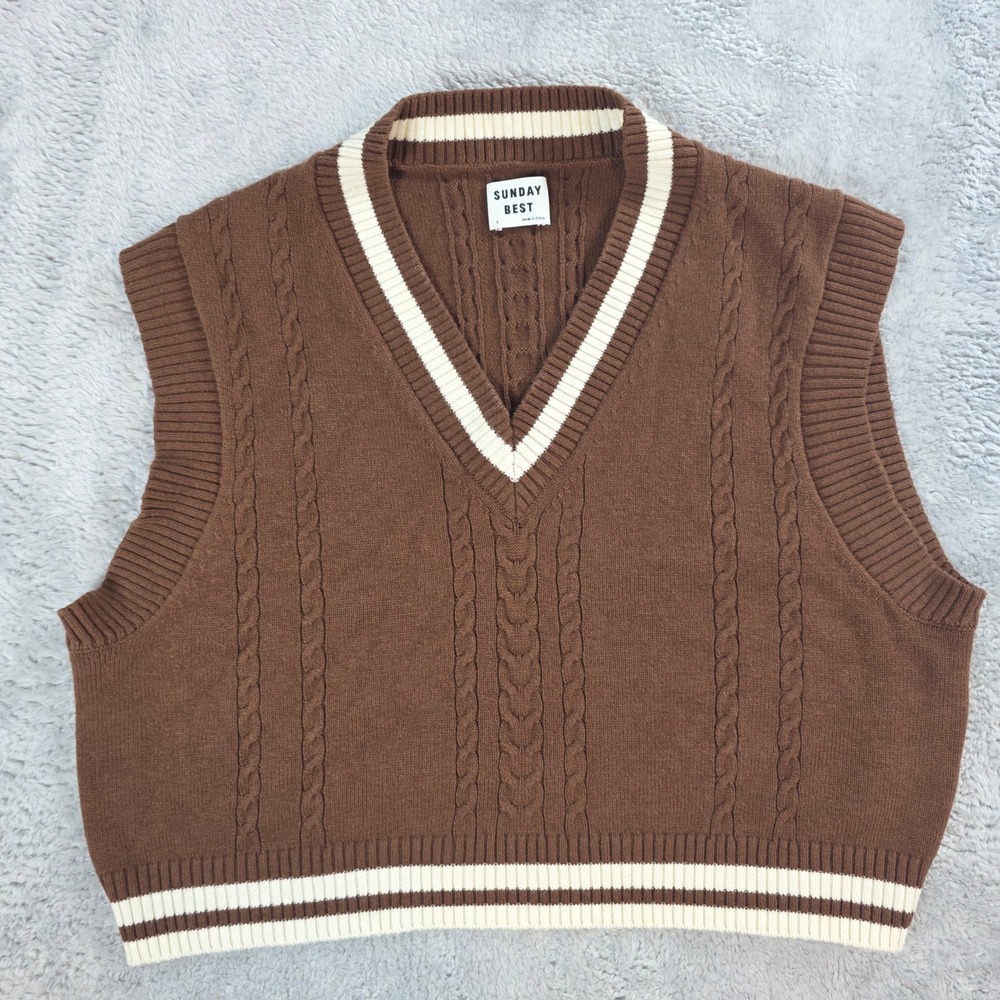 Aritzia Sunday Best Women Small Brown Winston Sweater Vest Cable Knit Merino